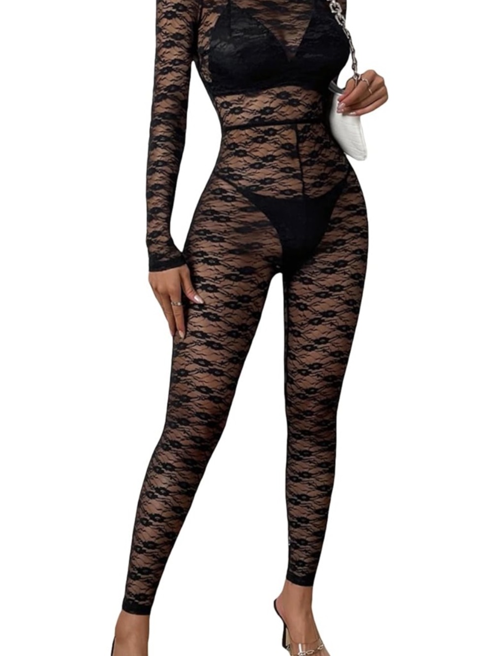 Sheer Black Lace Long-Sleeve Bodysuit Jumpsuit